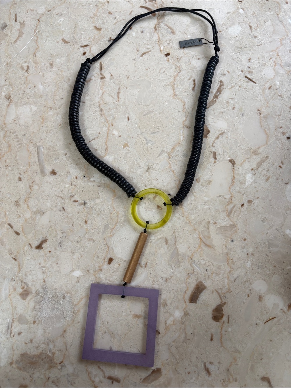 Modern Black Cord Necklace with Yellow Ring & Lavender Square Pendant by